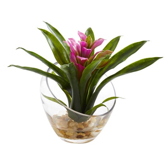 8’’ Tropical Bromeliad In Angled Vase Artificial Arrangement-Faux Plant-Nautical Decor and Gifts