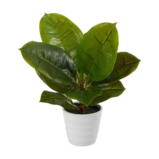 11” Rubber Leaf Artificial Plant In White Planter (Real Touch)-Faux Plant-Nautical Decor and Gifts