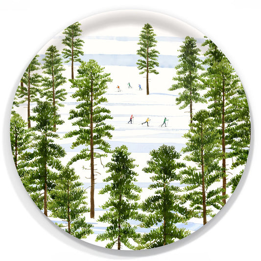 Winter Skiers Large Round Birchwood Tray-Nautical Decor and Gifts