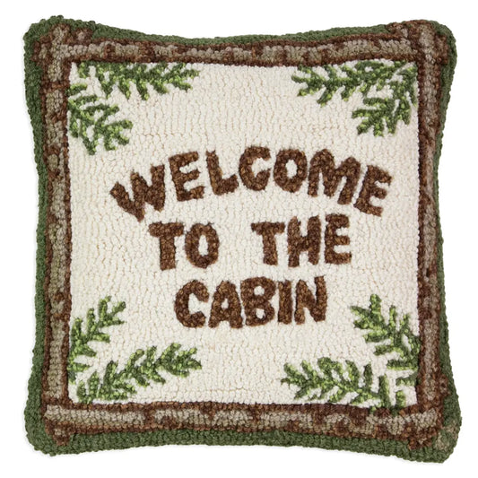 18x18 100%wool pillow with text "Welcome to the Cabin"