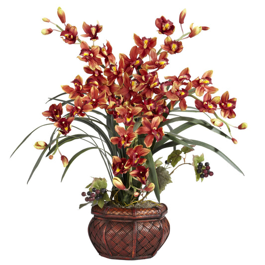 Silk Cymbidium Arrangement w/Decorative Vase  