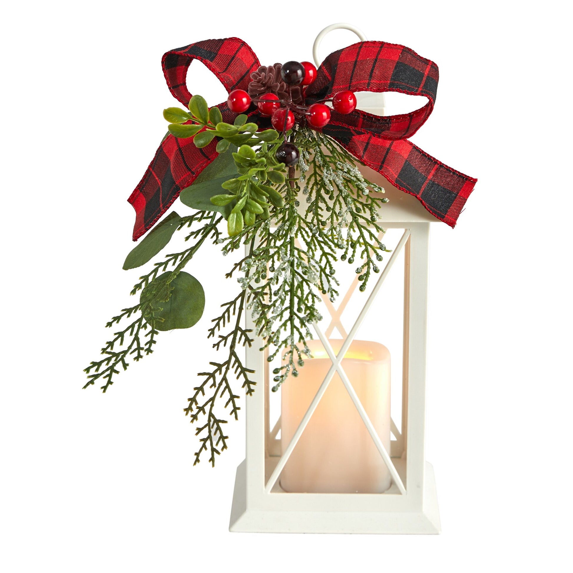 12" White Lantern With Berries, Pine and Plaid Bow