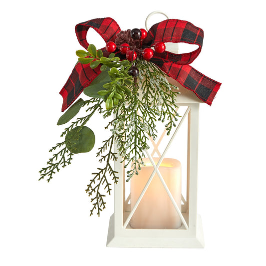 12" White Lantern With Berries, Pine and Plaid Bow