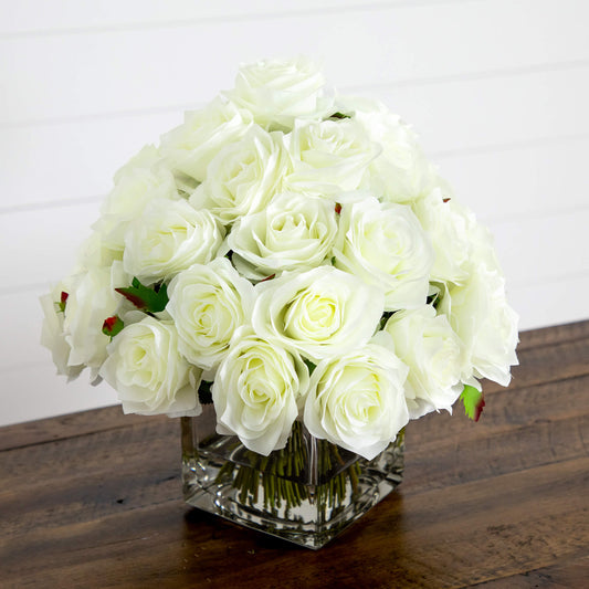 13-in Artificial Rose Arrangement in Glass Vase-Faux Plant-Nautical Decor and Gifts