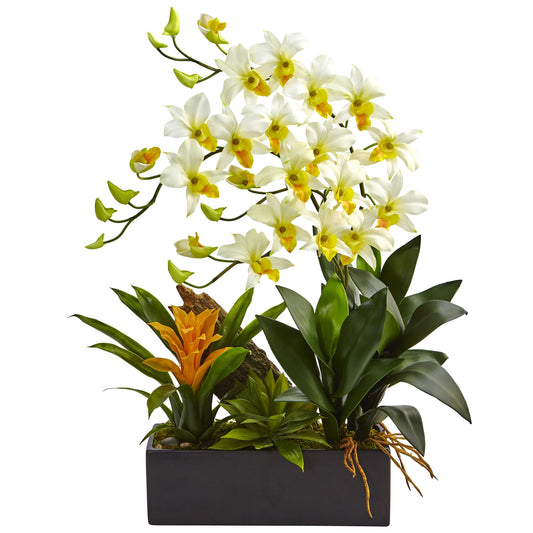 Faux Dendrobium and Bromeliad Arrangement