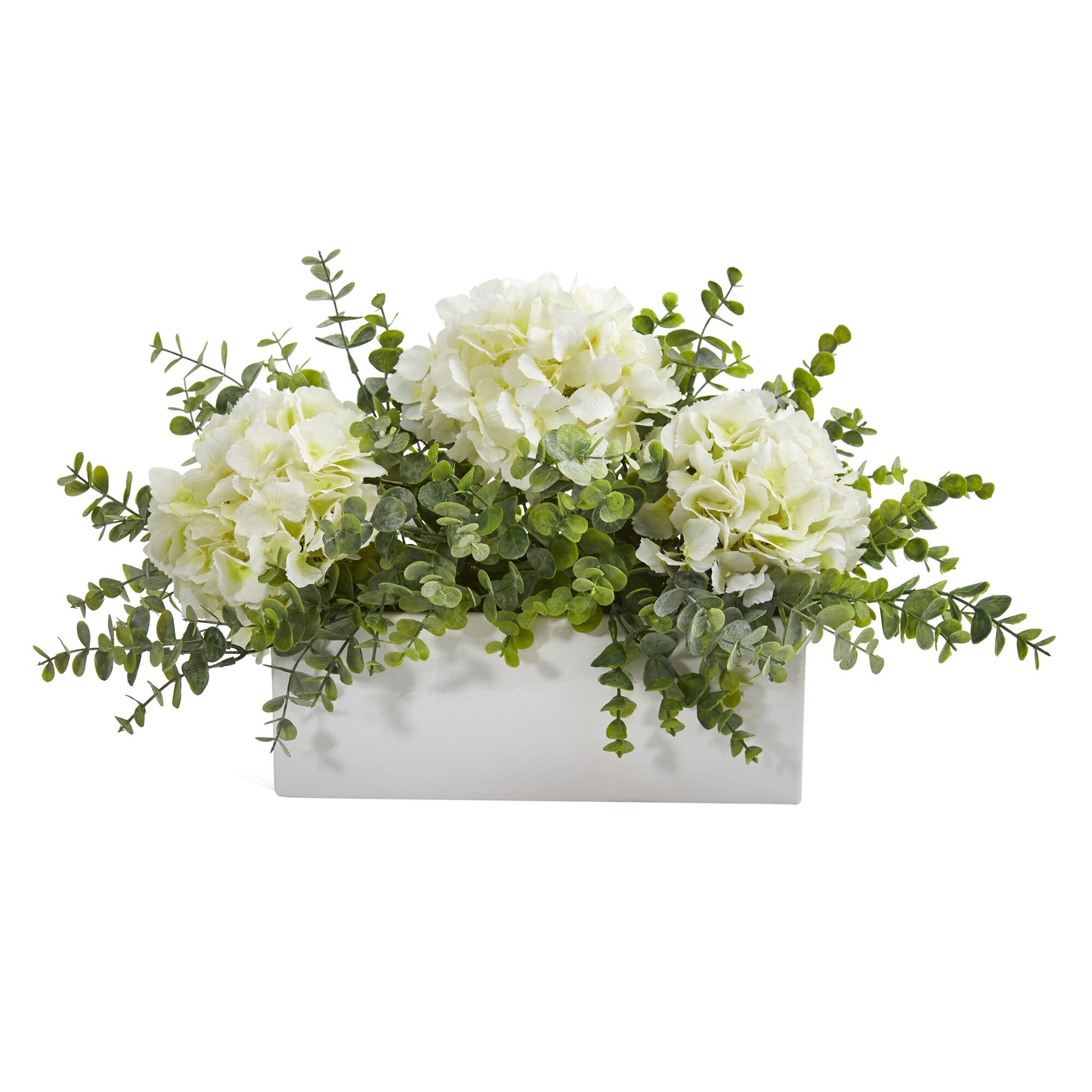 Faux 15” Hydrangea and Eucalyptus in White Vase-Faux Plant-Nautical Decor and Gifts