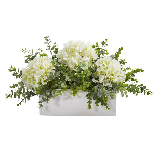 Faux 15” Hydrangea and Eucalyptus in White Vase-Faux Plant-Nautical Decor and Gifts