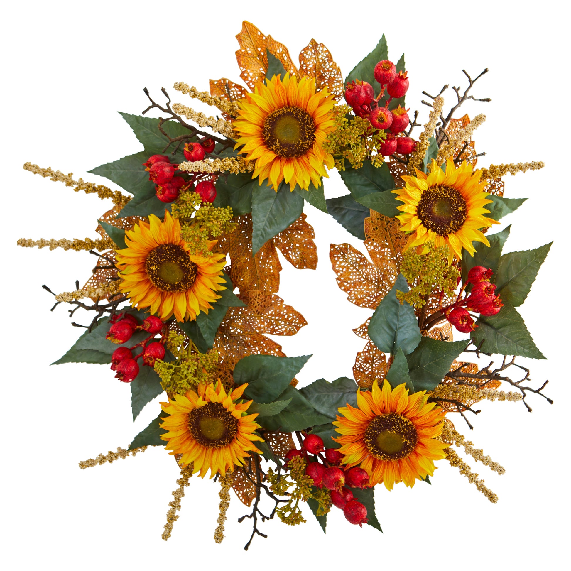 Decorative 27" wreath with sunflowers, berries, and greenery