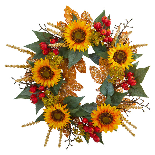 Decorative 27" wreath with sunflowers, berries, and greenery