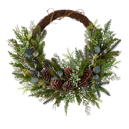 Faux 30” Pine and Pinecone Christmas Wreath on Twig Ring-Faux Plant-Nautical Decor and Gifts