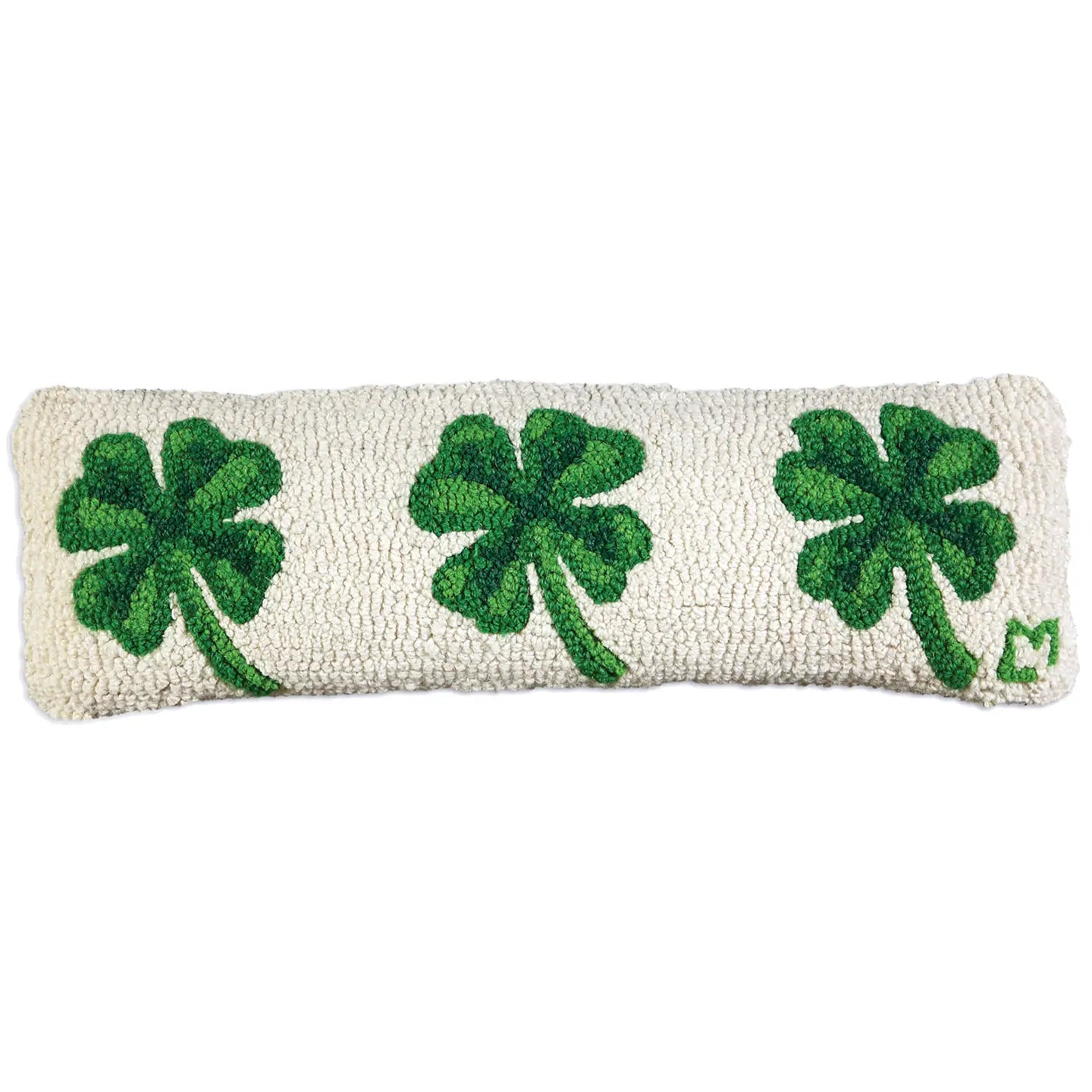 White 8 x 24 pillow with 3 green four-leaf clover patterns 