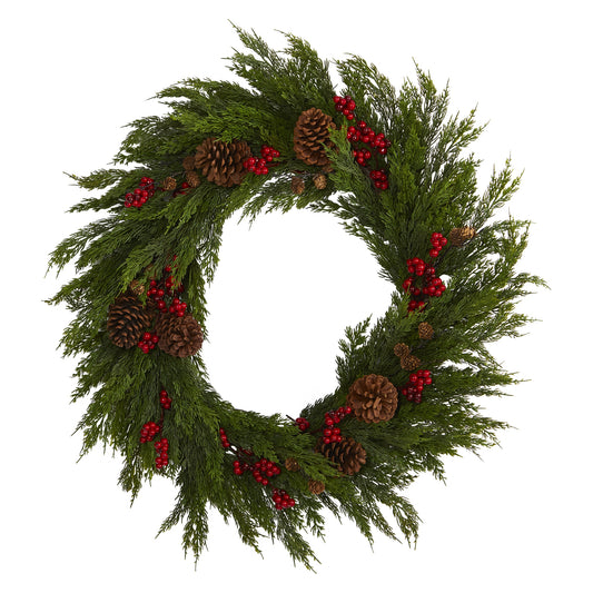32'' Cypress with Berries and Pine Cones Artificial Wreath-Nautical Decor and Gifts