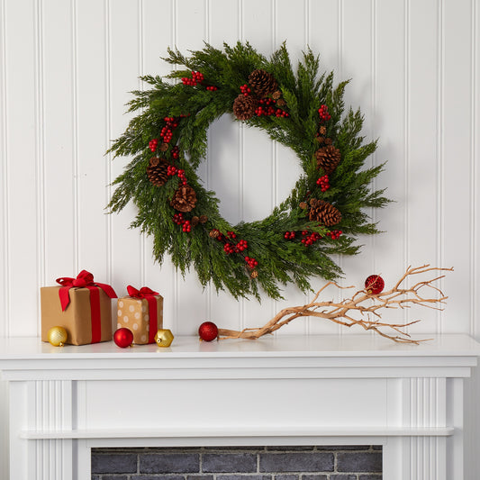 32'' Cypress with Berries and Pine Cones Artificial Wreath-Nautical Decor and Gifts