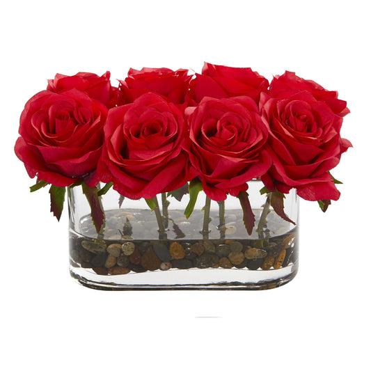 5.5” Blooming Roses in Glass Vase Artificial Arrangement-Faux Plant-Nautical Decor and Gifts