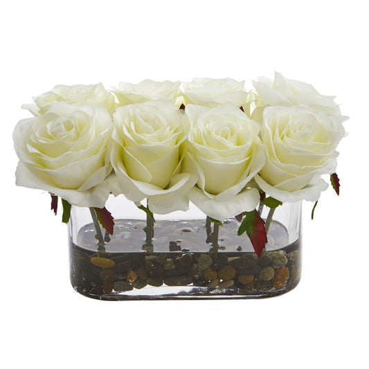 5.5” Blooming Roses in Glass Vase Artificial Arrangement-Faux Plant-Nautical Decor and Gifts