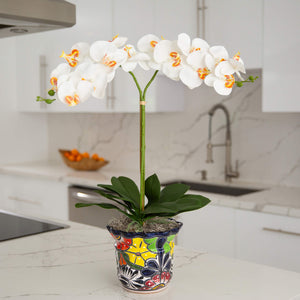 26” Artificial Double Orchid Arrangement in Handmade Mexican Talavera Ceramic Planter-Faux Plant-Nautical Decor and Gifts