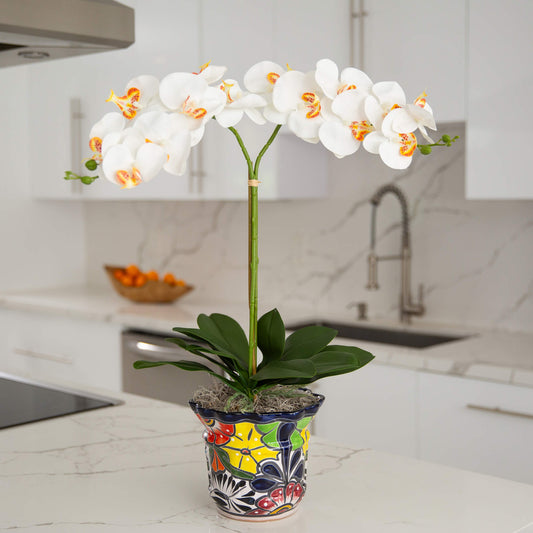 26” Artificial Double Orchid Arrangement in Handmade Mexican Talavera Ceramic Planter-Faux Plant-Nautical Decor and Gifts