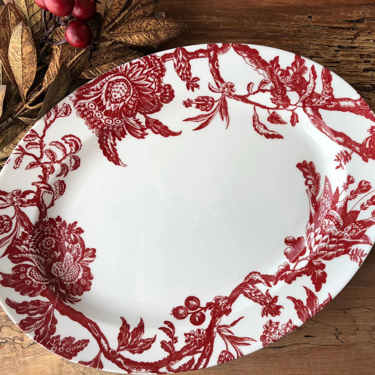 Large White platter with red floral pattern 