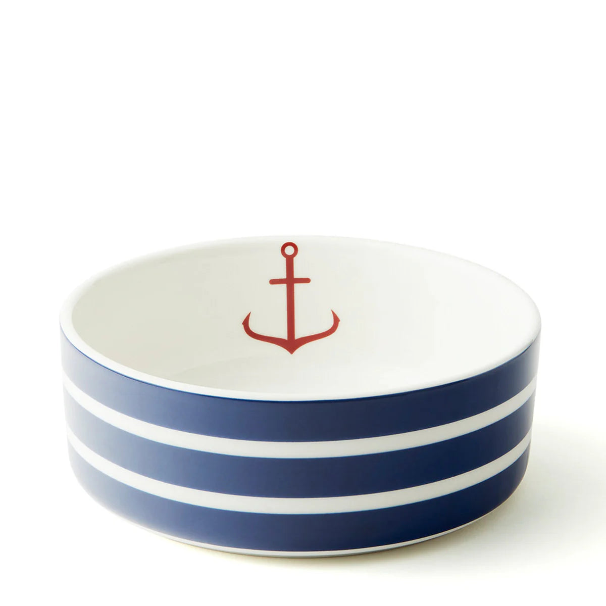 Ceramic pet bowl with blue stripes and a red anchor 