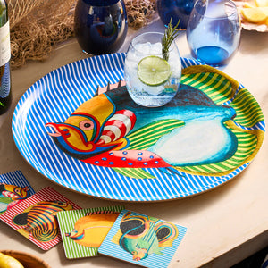 Party Fish Large Round Birchwood Tray-Nautical Decor and Gifts