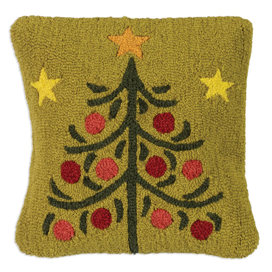 Decorative 18 x 18 pillow with a Christmas tree design and three stars on a green background