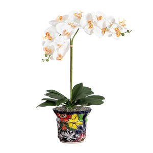 26” Artificial Double Orchid Arrangement in Handmade Mexican Talavera Ceramic Planter-Faux Plant-Nautical Decor and Gifts