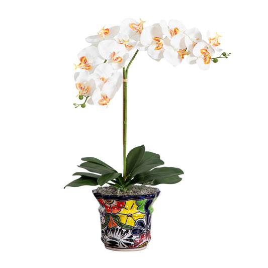 26” Artificial Double Orchid Arrangement in Handmade Mexican Talavera Ceramic Planter-Faux Plant-Nautical Decor and Gifts
