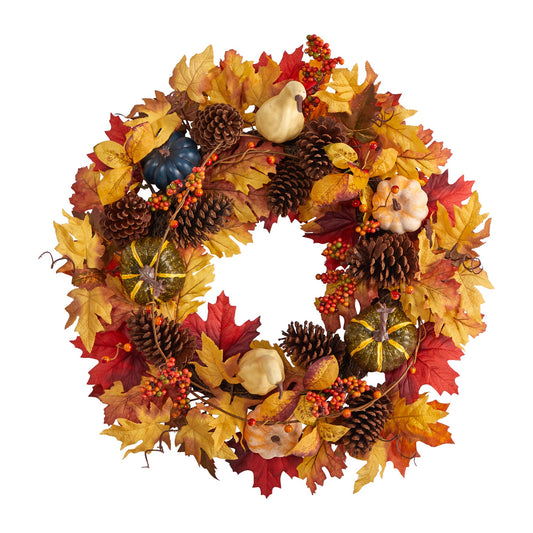 26” Fall Pumpkin, Gourd, Pinecone and Maple Leaf Artificial Autumn Wreath-Nautical Decor and Gifts