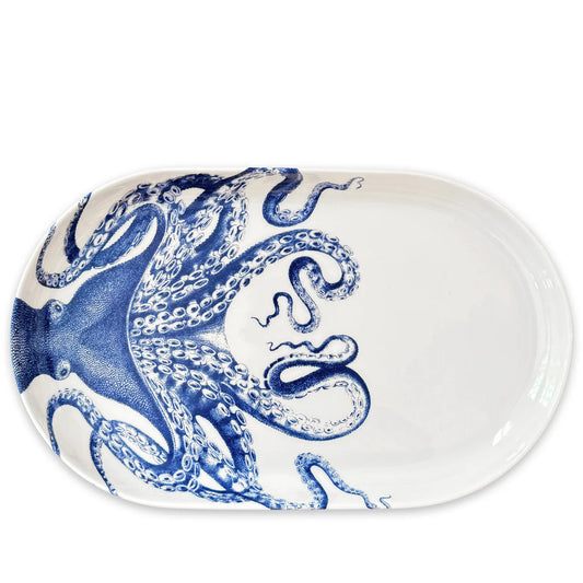 White oval platter with blue octopus design  16" x 9"