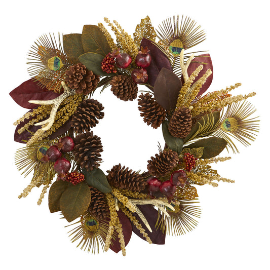 27” Magnolia Leaf, Berry, Antler and Peacock Feather Artificial Wreath-Nautical Decor and Gifts
