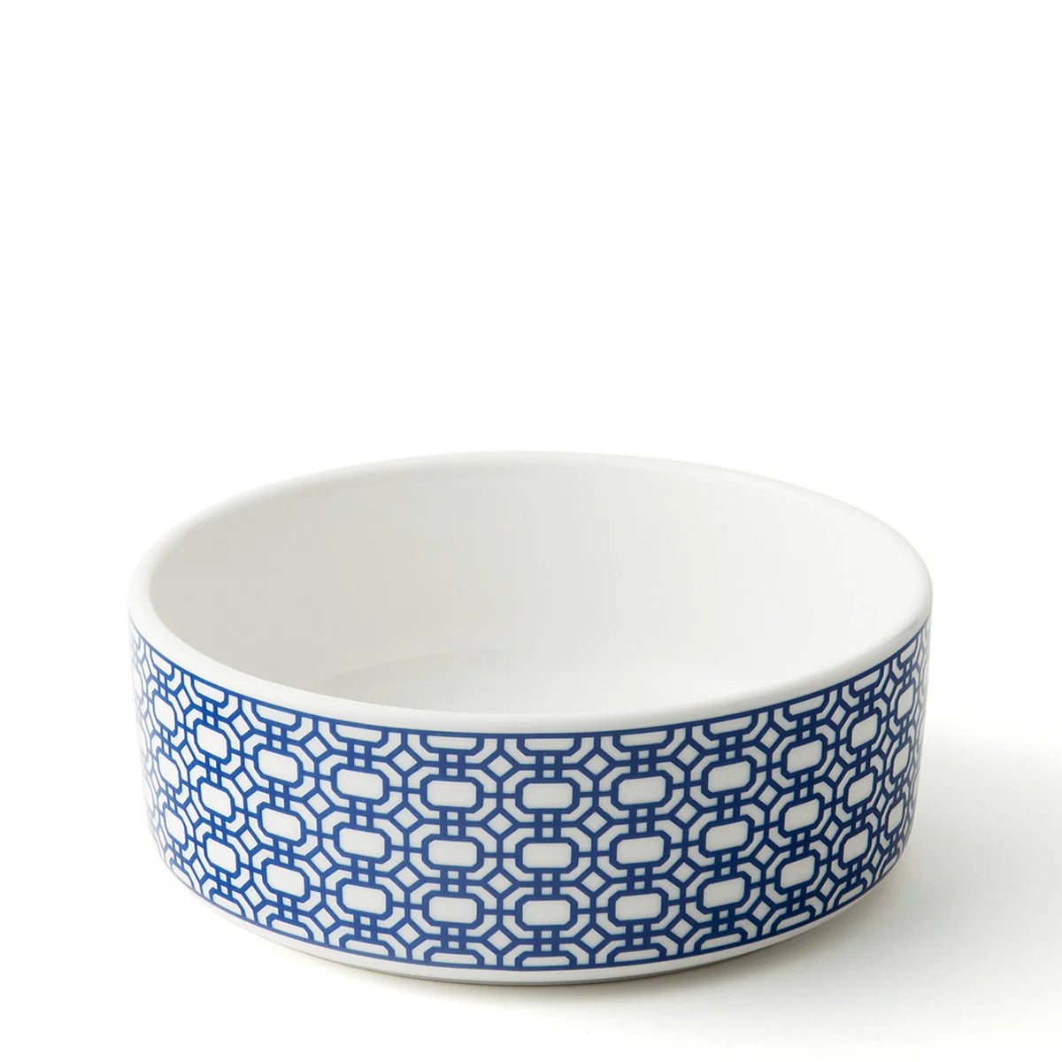 White ceramic pet bowl with blue geometric pattern 