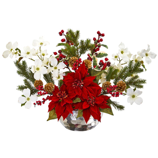 Poinsettia, Dogwood, Berry and Pine Artificial Arrangement in Silver Vase-Faux Plant-Nautical Decor and Gifts