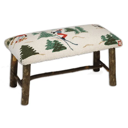 Skier Hooked Wool Top Hickory Bench-Bench-Nautical Decor and Gifts