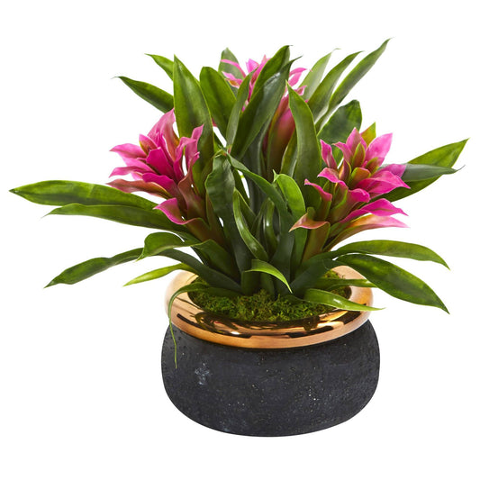 11” Bromeliad Artificial Plant In Stoneware Planter-Faux Plant-Nautical Decor and Gifts