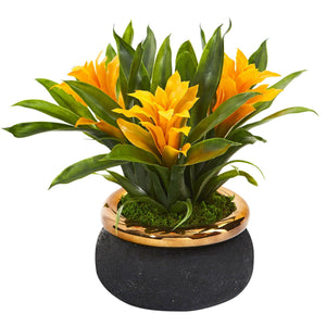 11” Bromeliad Artificial Plant In Stoneware Planter-Faux Plant-Nautical Decor and Gifts