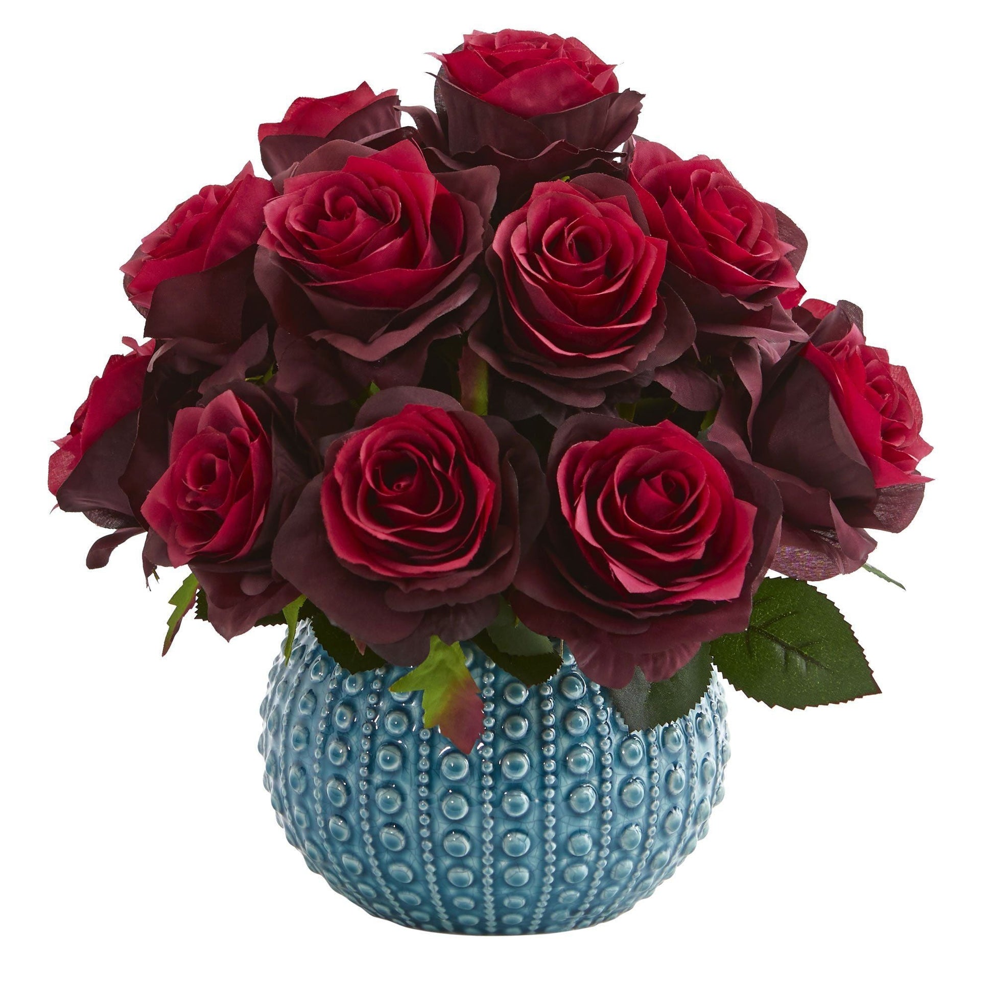 11.5’’ Rose Artificial Arrangement In Blue Ceramic Vase-Faux Plant-Nautical Decor and Gifts