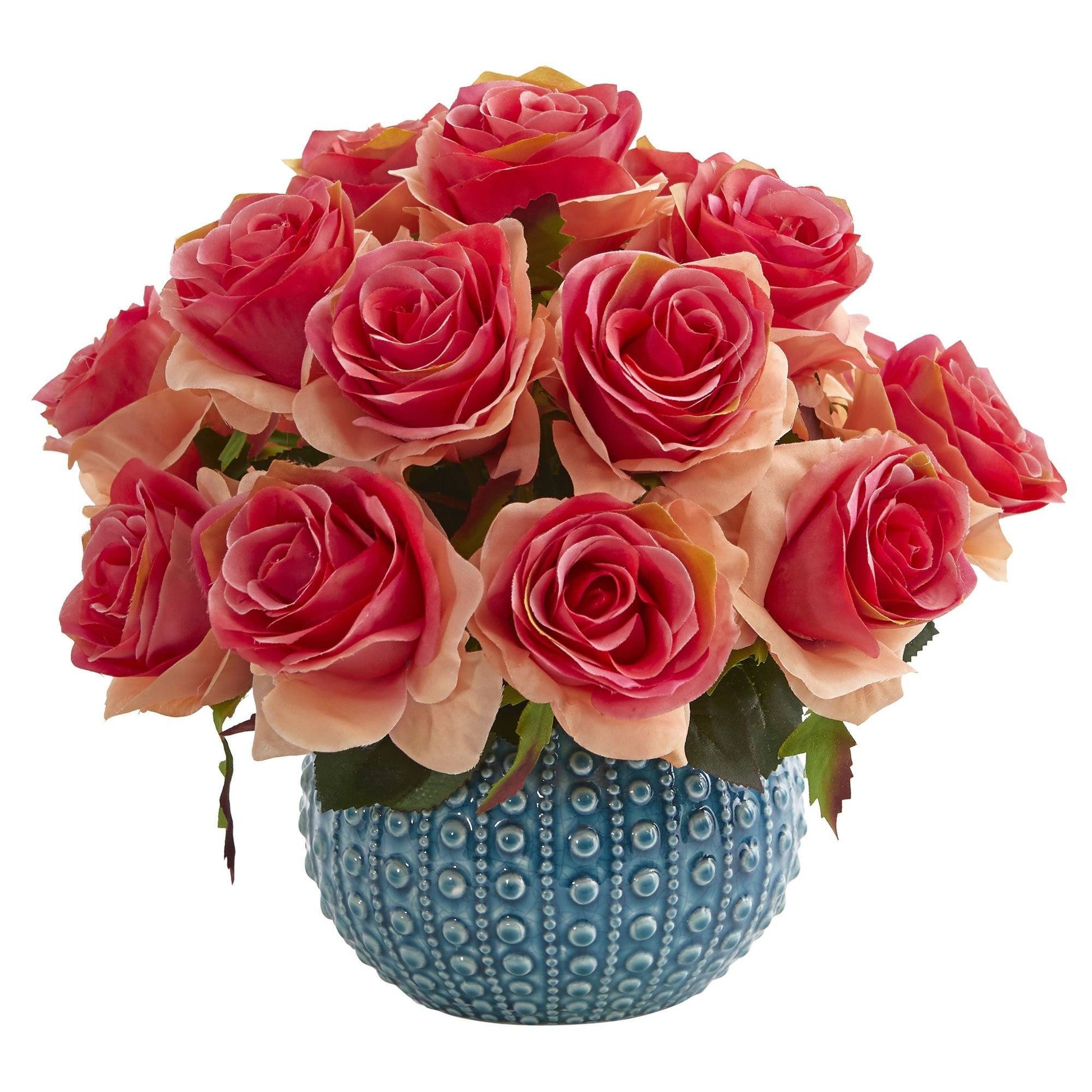 11.5’’ Rose Artificial Arrangement In Blue Ceramic Vase-Faux Plant-Nautical Decor and Gifts