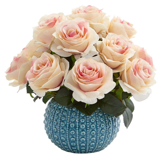 11.5’’ Rose Artificial Arrangement In Blue Ceramic Vase-Faux Plant-Nautical Decor and Gifts