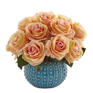 11.5’’ Rose Artificial Arrangement In Blue Ceramic Vase-Faux Plant-Nautical Decor and Gifts