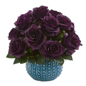 11.5’’ Rose Artificial Arrangement In Blue Ceramic Vase-Faux Plant-Nautical Decor and Gifts