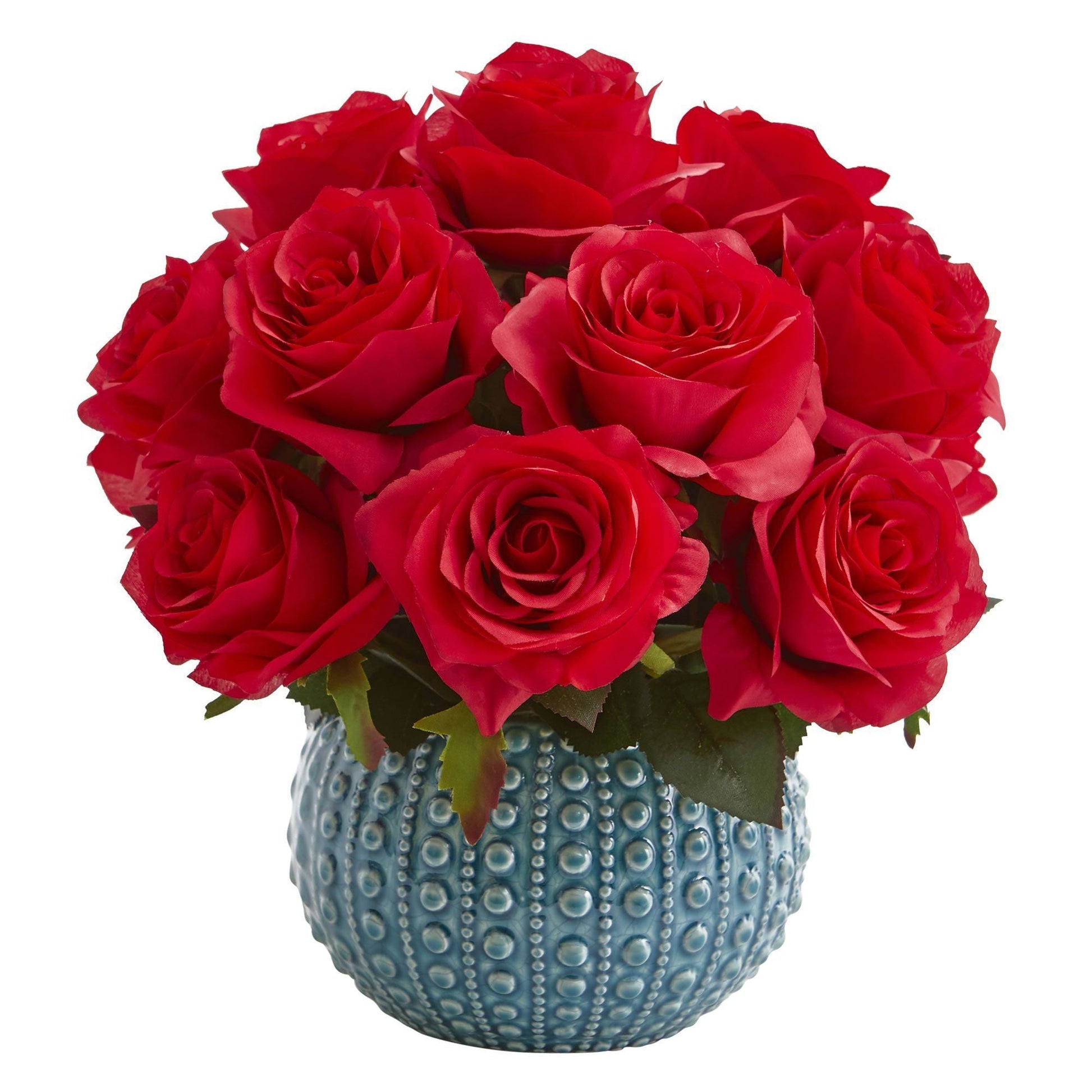 11.5’’ Rose Artificial Arrangement In Blue Ceramic Vase-Faux Plant-Nautical Decor and Gifts