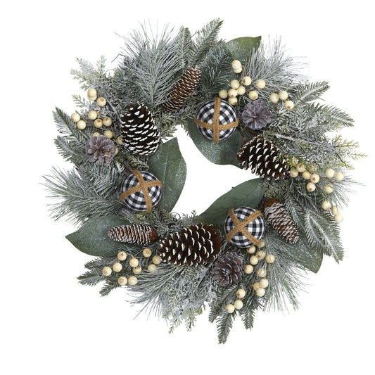 24” Snow Tipped Holiday Artificial Wreath With Berries, Pine Cones And Ornaments-Nautical Decor and Gifts