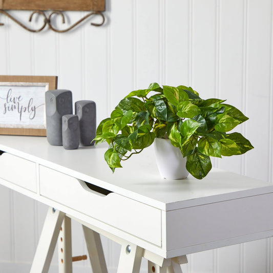 9” Pothos Artificial Plant in White Planter (Real Touch)-Faux Plant-Nautical Decor and Gifts