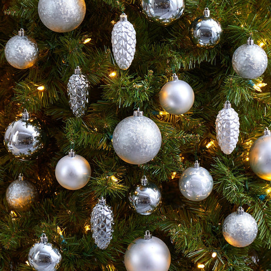 Silver Christmas 23 Count Lux Shatterproof Ornament Set With Re-Usable Storage Container-Nautical Decor and Gifts