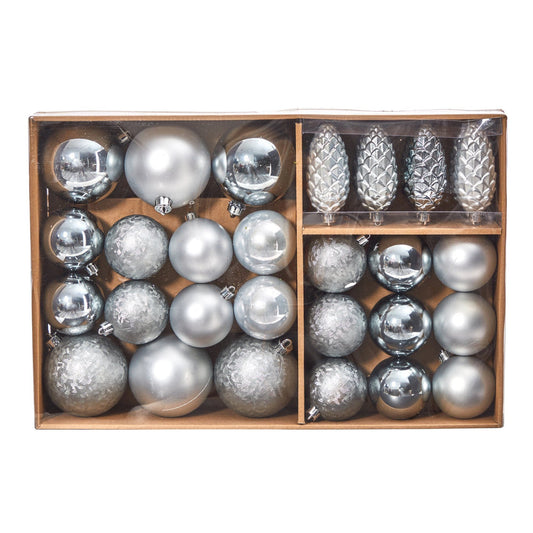 Silver Christmas 23 Count Lux Shatterproof Ornament Set With Re-Usable Storage Container-Nautical Decor and Gifts