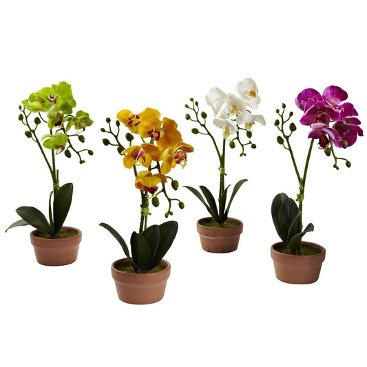 Phalaenopsis Orchid W/Clay Vase (Set Of 4)-Faux Plant-Nautical Decor and Gifts