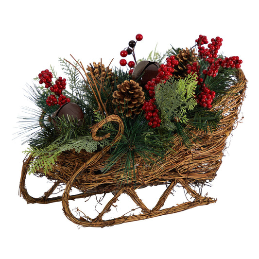 18” Christmas Sleigh with Pine, Pinecones and Berries Artificial Christmas Arrangement-Faux Plant-Nautical Decor and Gifts