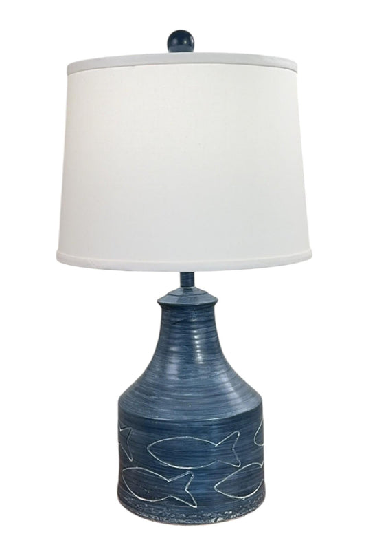 Navy White Washed Clay Jug with Etched Fish-Lamp-Nautical Decor and Gifts