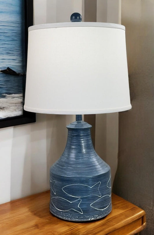 Navy White Washed Clay Jug with Etched Fish-Lamp-Nautical Decor and Gifts