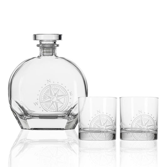 Compass Star Whiskey Decanter 3 Piece Set-Nautical Decor and Gifts